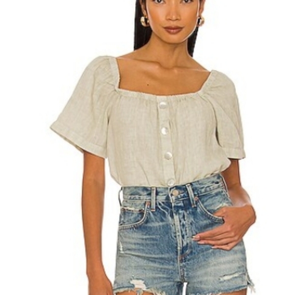Bella Dahl Off-Shoulder Button-Up Linen Blouse Light Green Small - Picture 1 of 8